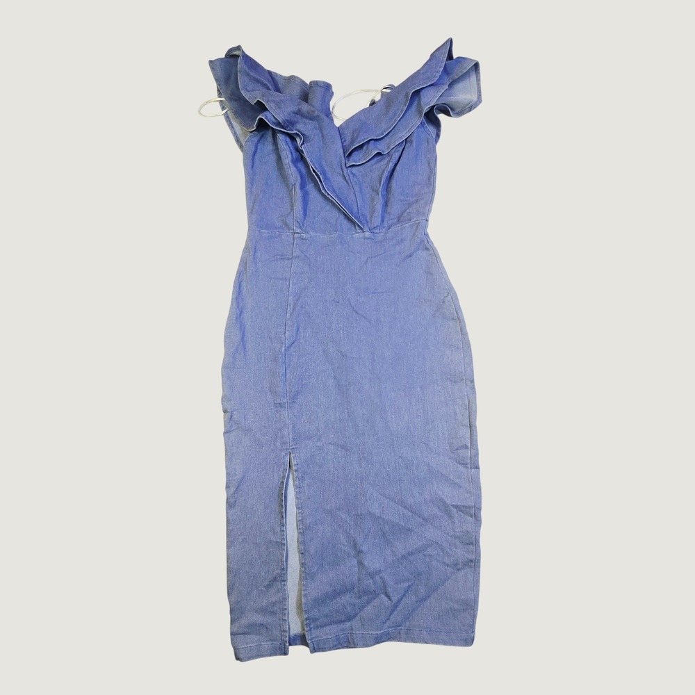 Rethm Women's Ruffle Off Shoulder Denim Midi Dress Size Small Blue Slit P70